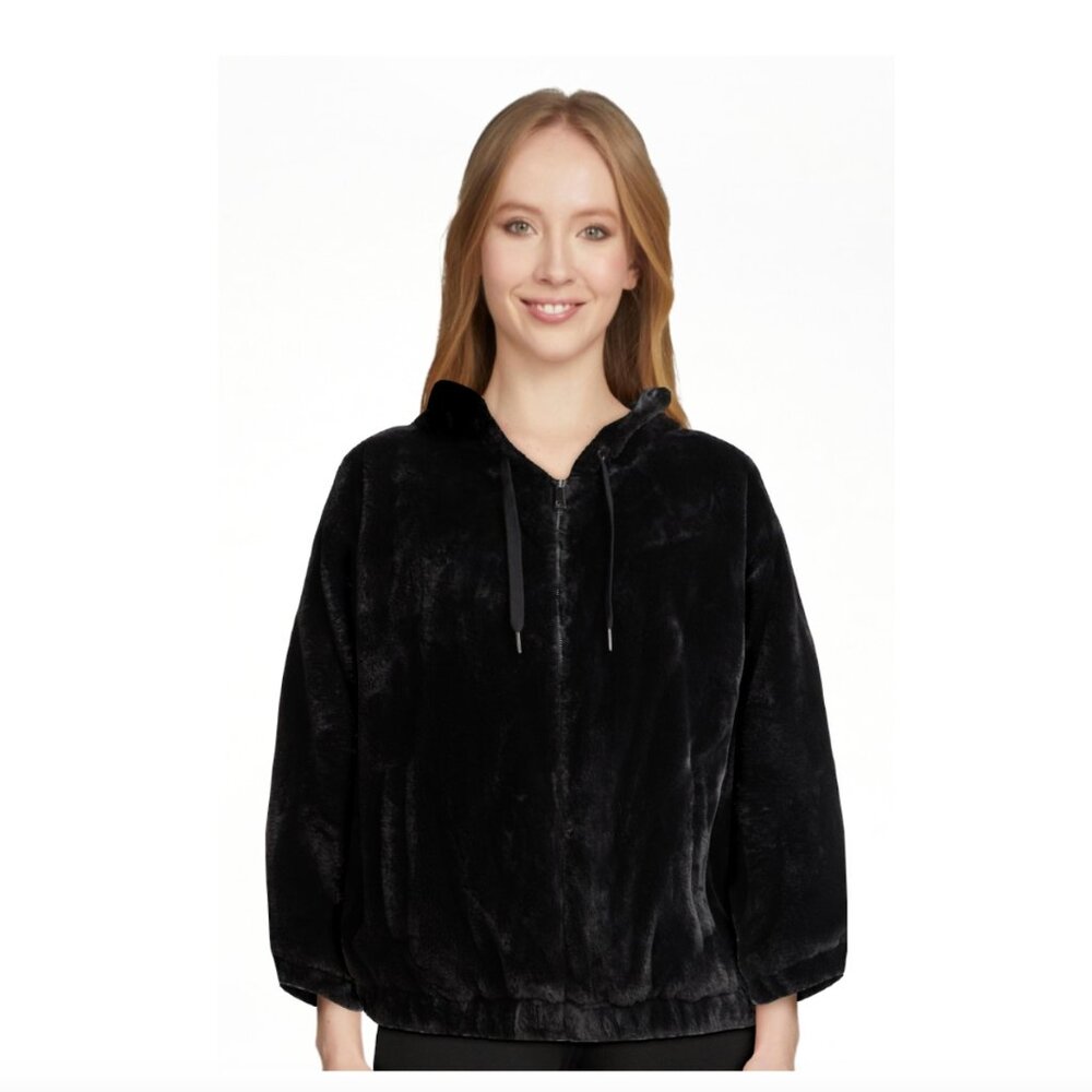 Time and Tru Women's Faux Fur Hoodie Jacket Black, Large